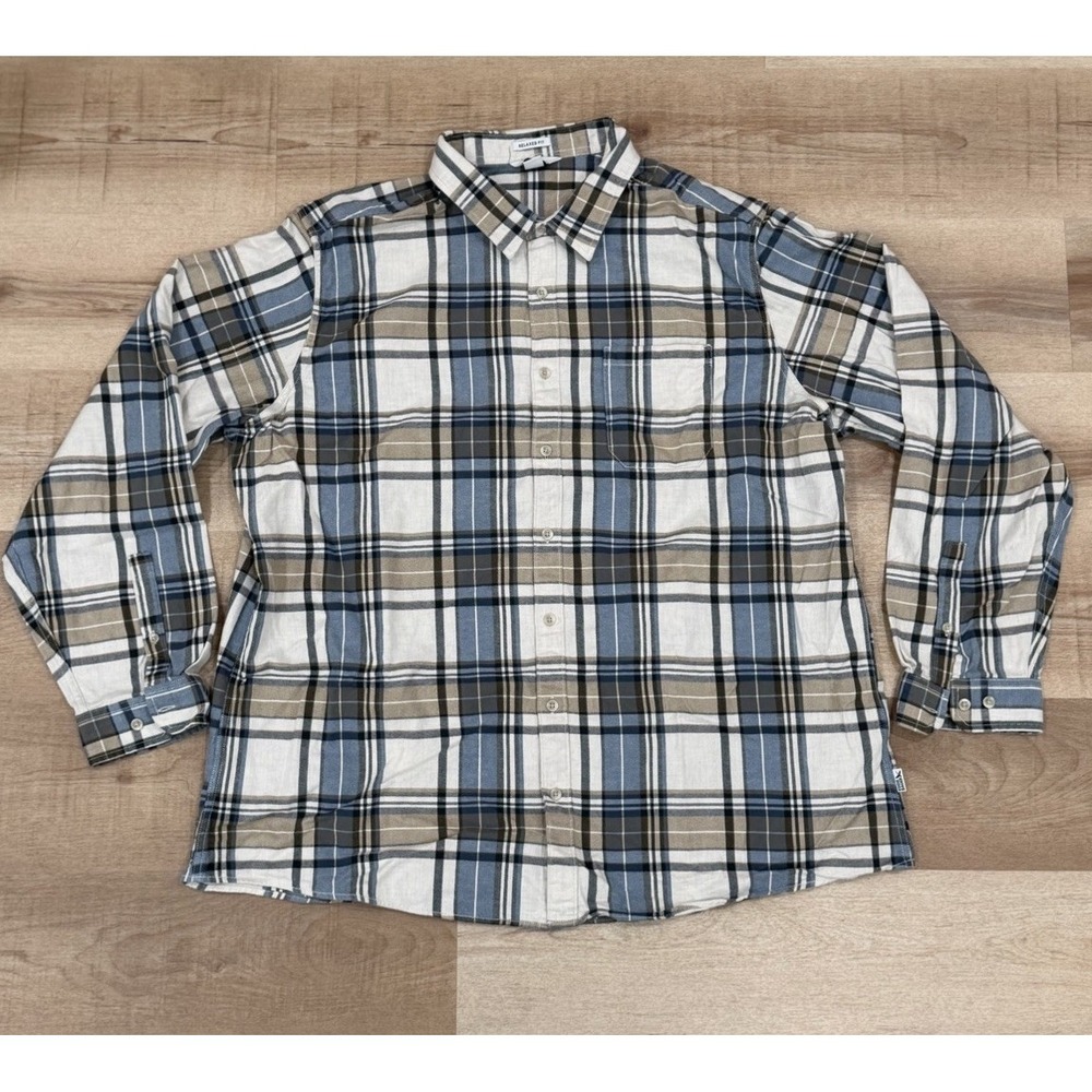 Eddie Bauer Men's 3XL Relaxed Fit Plaid Flannel Shirt Blue Tan Button Up